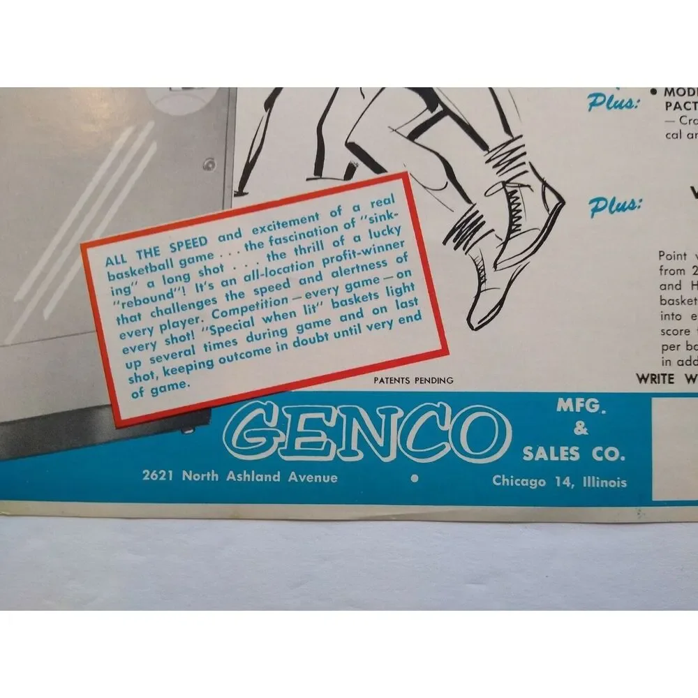 Two Player Basketball Arcade Flyer Genco Original 1954 Manikins Game Artwork